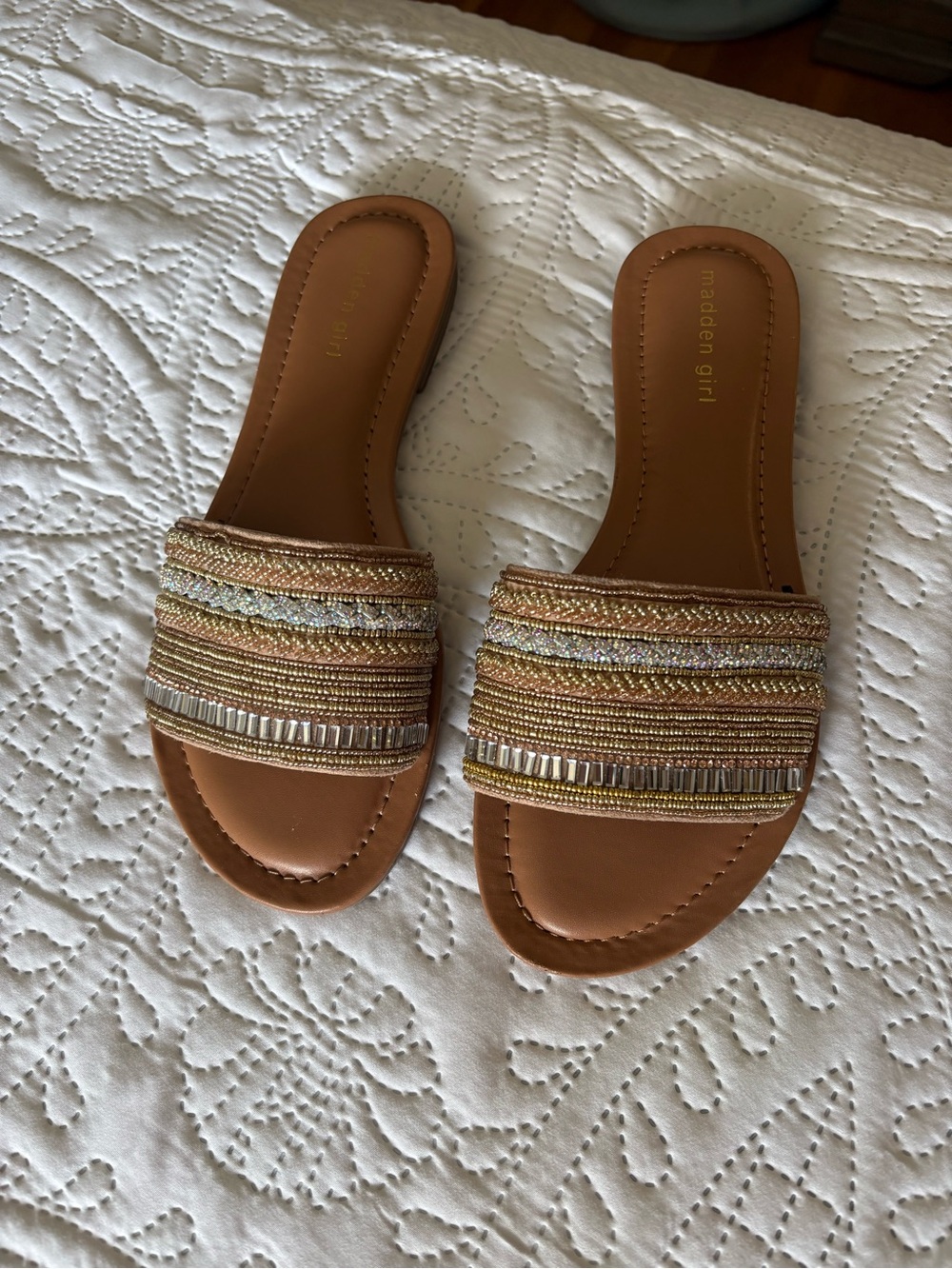 Madden Girl Tan and Gold Beaded Slide Sandals